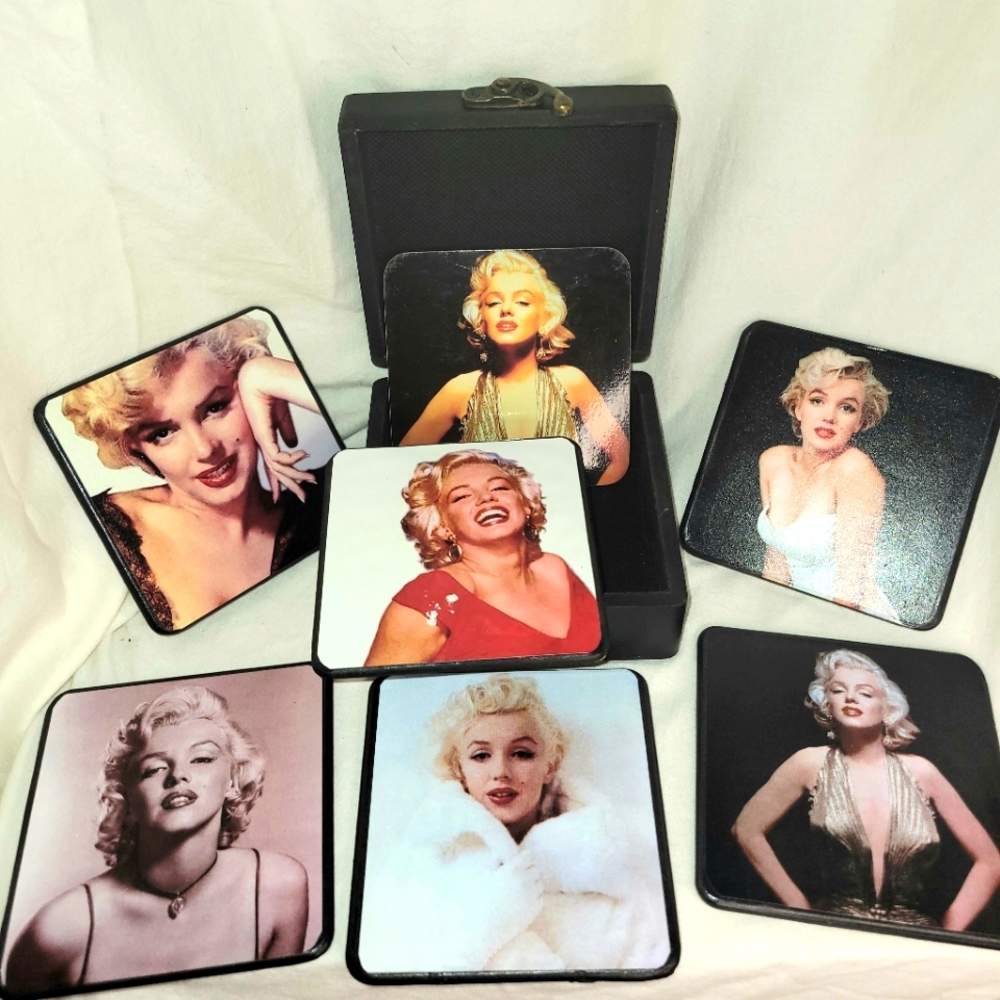 Marilyn Monroe Wood box Coaster Set 2010 Assorted Design, with cork backing